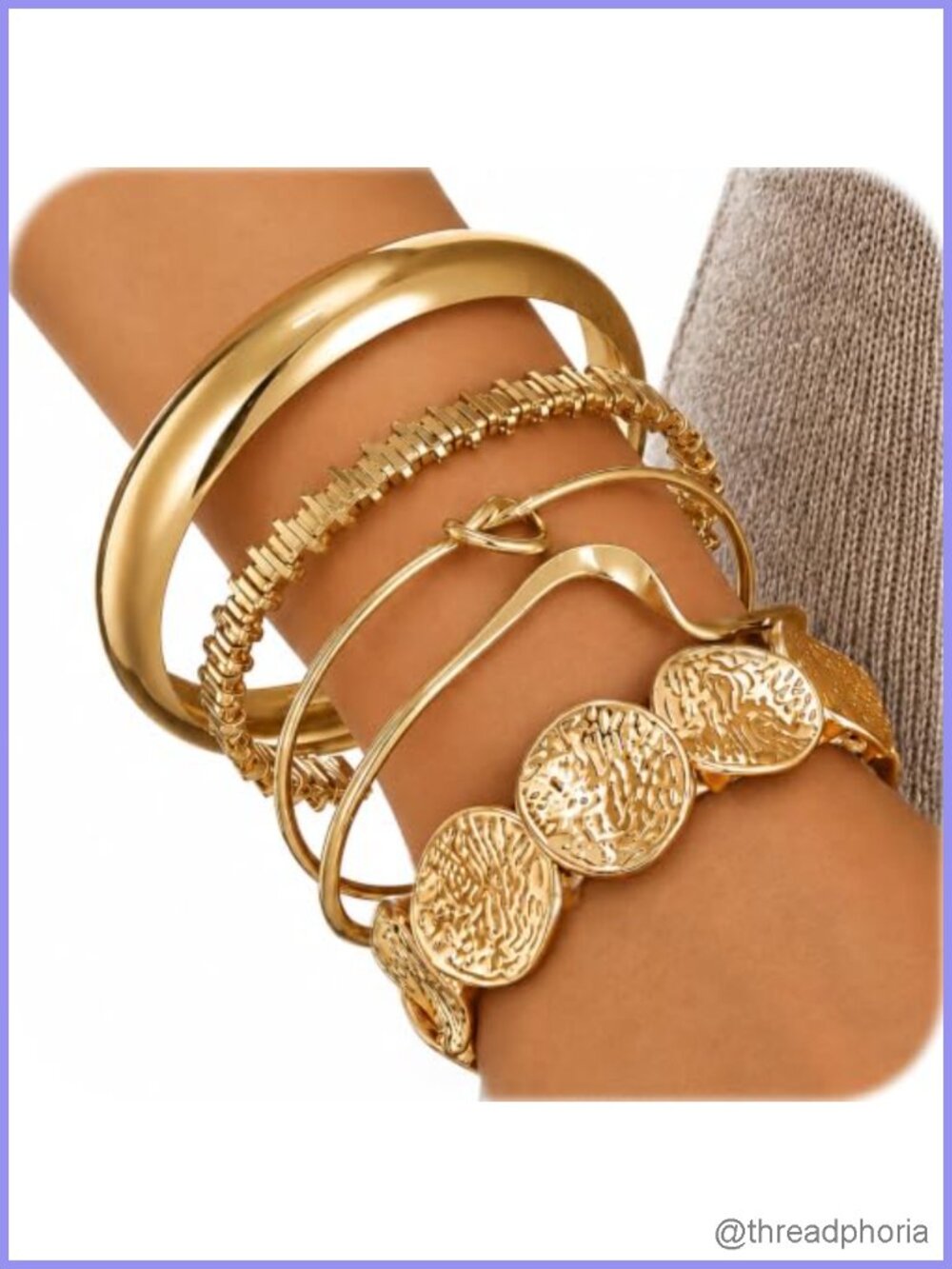 Gold Plated Bangle Bracelets Set of 5 Women Dainty Knot Boho Chunky Cuff